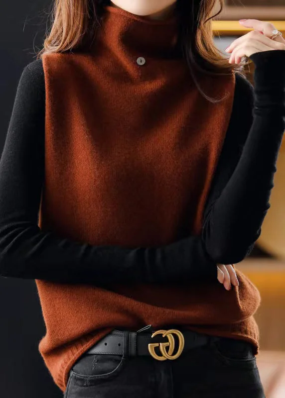 Women's Plus Size High Neck Patchwork Wool Knit Sleeveless Vest