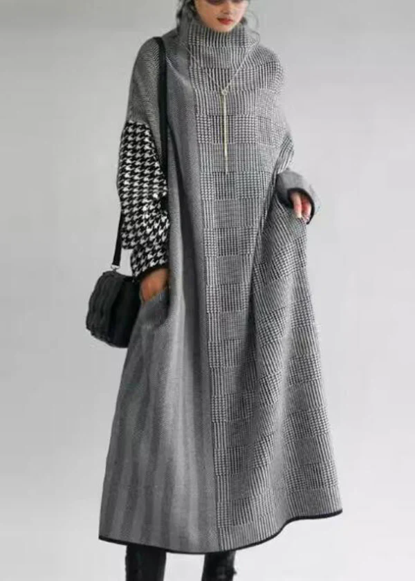 French Plaid High Neck Patchwork Long Knit Dress