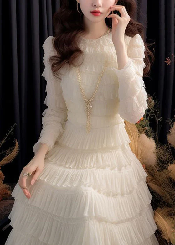 Women's Where White Solid Color High Waist Chiffon Ruffled Long Sleeve Dresses Dresses