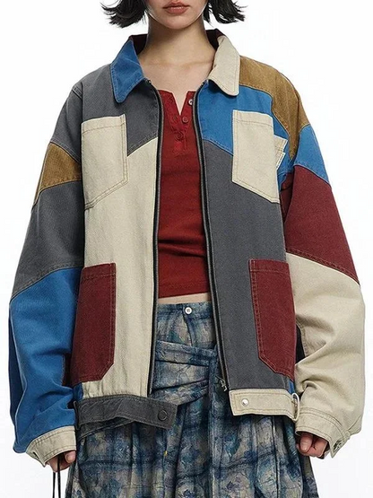Organic cotton denim lapel blue colorblocked long sleeve zipper up denim jacket