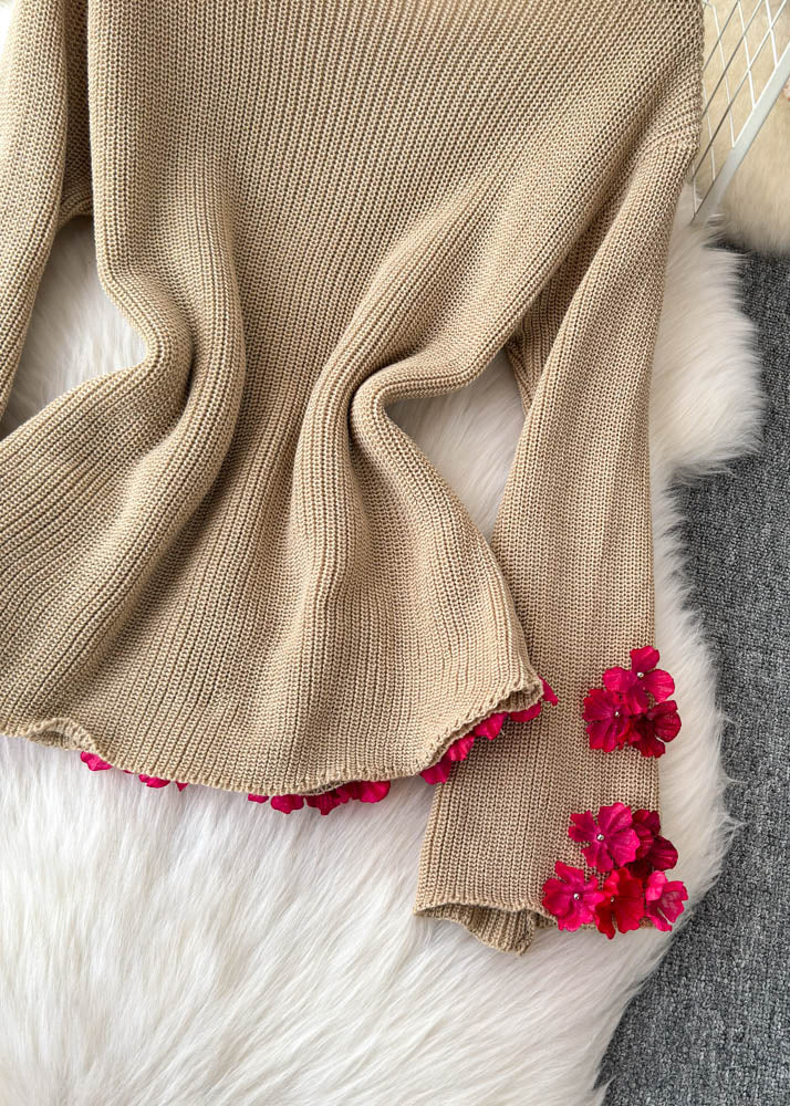 Khaki Slant Neck Floral Cotton Knit Sweater