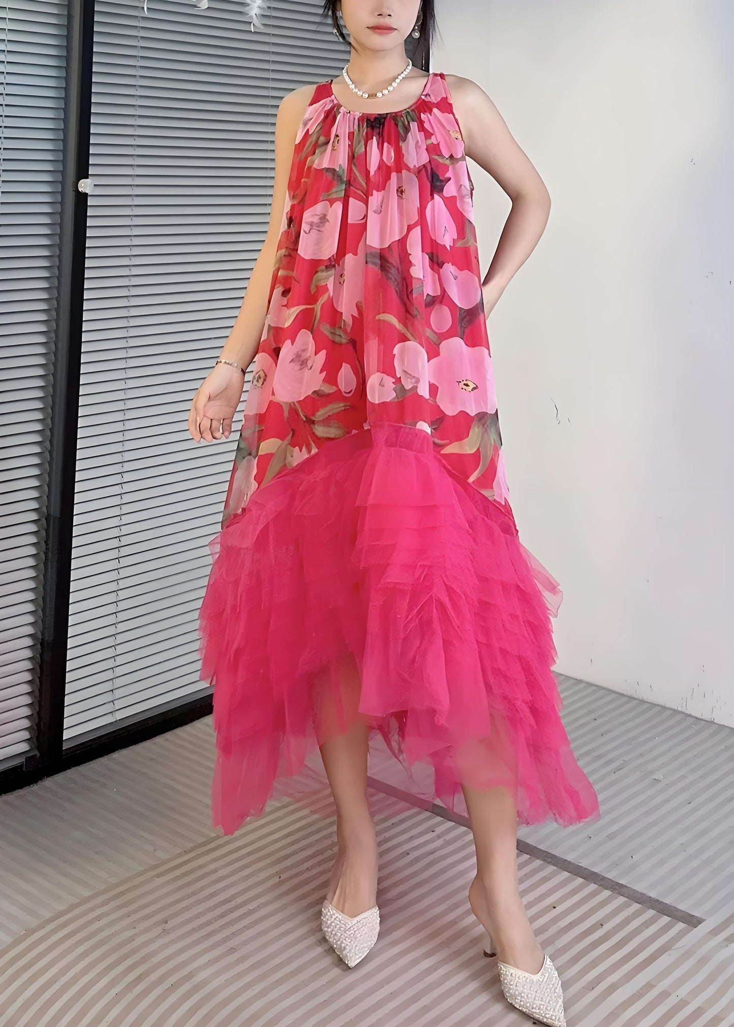 Women's Yellow Printed Ruffle Tulle Patchwork Sleeveless Dress