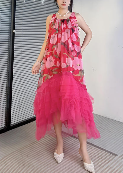 Women's Yellow Printed Ruffle Tulle Patchwork Sleeveless Dress