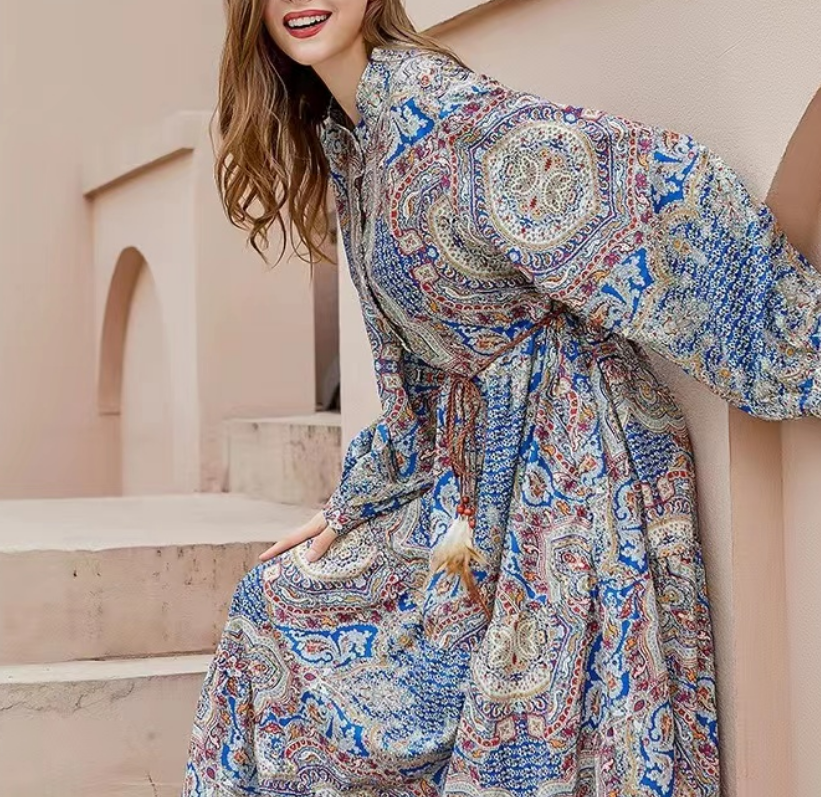 French Print Cardigan Long Sleeve Long Dresses