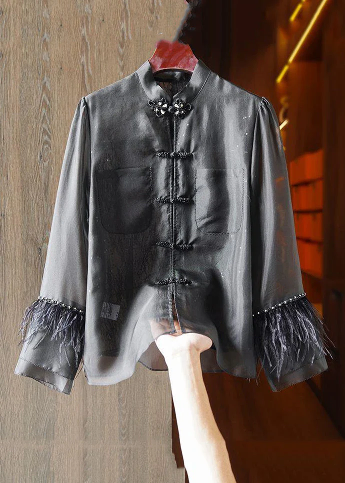Chinese Style White Feather Lace Patchwork Long Sleeve Top