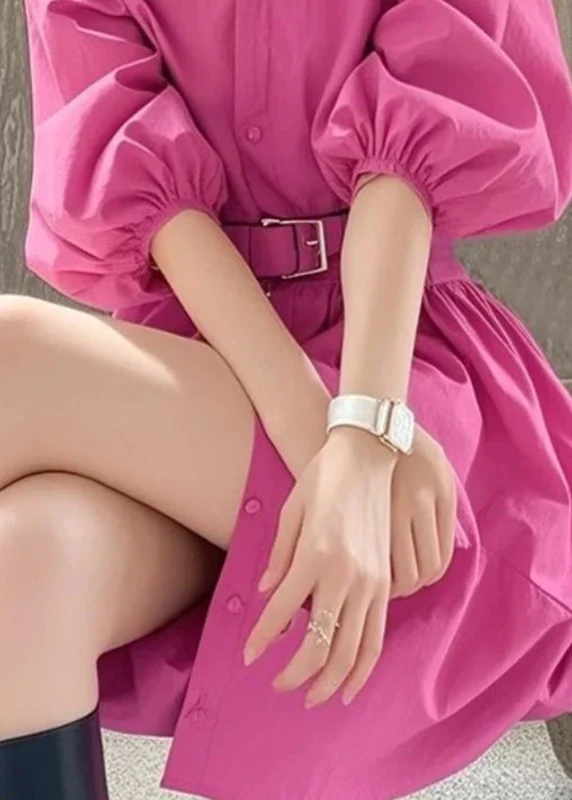 Women's Rose Peter Pan Collar Button Belt Shirtdress