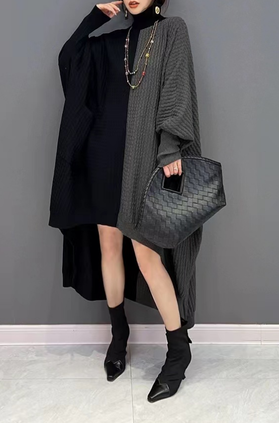 Big Silhouette Knit Sweater Dress High Neck Asymmetric Bat Sleeve