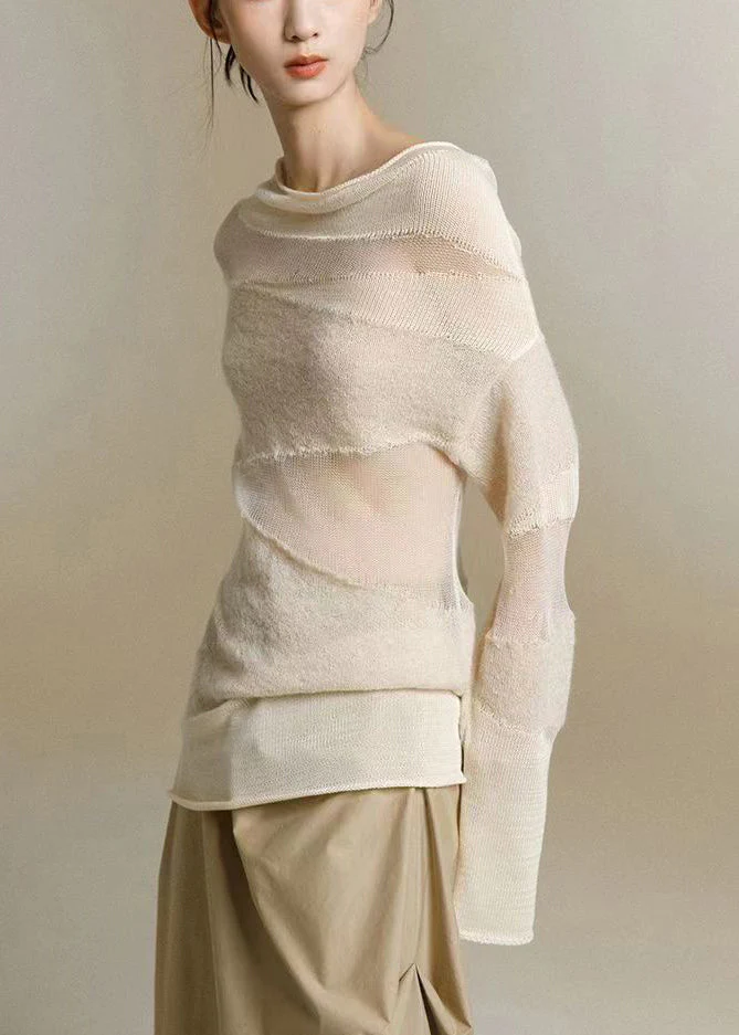 Casual Turtleneck Tulle Patchwork Thin Knit Top