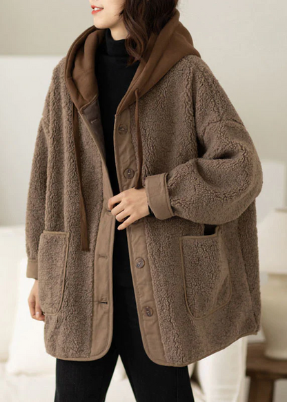 Patchwork Buttoned Thick Faux Fur Hooded Coat