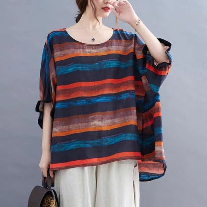 Colorblocked Striped Cotton Linen Crew Neck Batwing Sleeve T Shirt Top