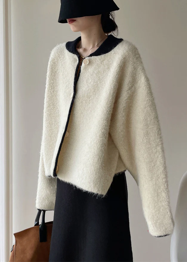 Women's White Buttoned Thick Patchwork Tweed Coat