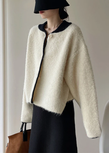 Women's White Buttoned Thick Patchwork Tweed Coat