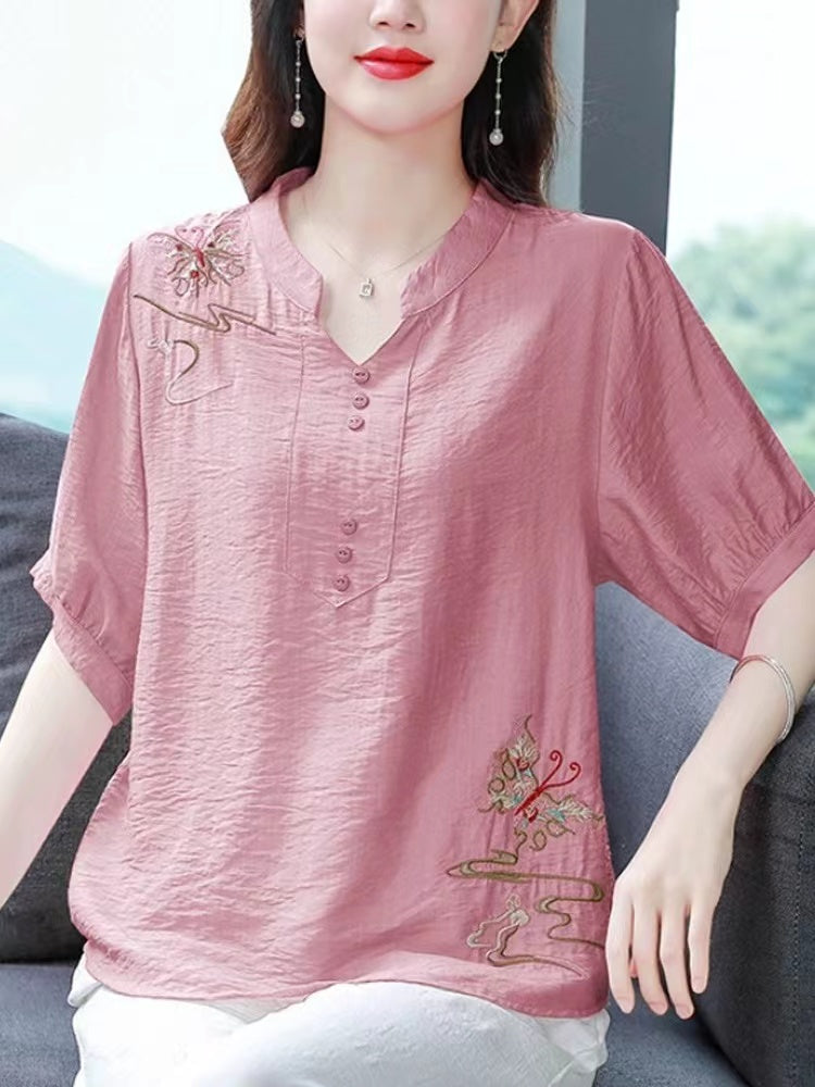 Loose Standing Collar Embroidered Button Cotton Short Sleeve Shirt Top
