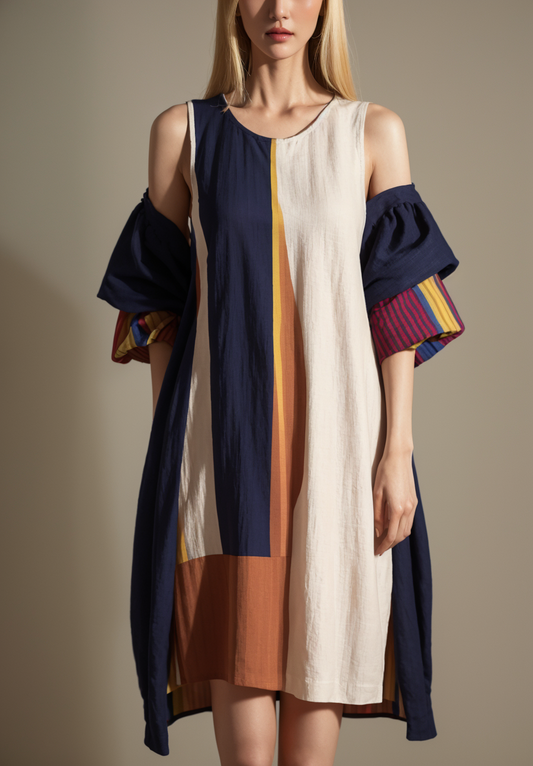 Loose Striped Round Neck Cotton Short Sleeve Dress