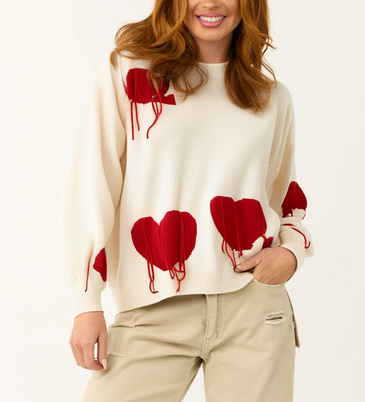 Pullover White Heart Fringe Knit Sweater